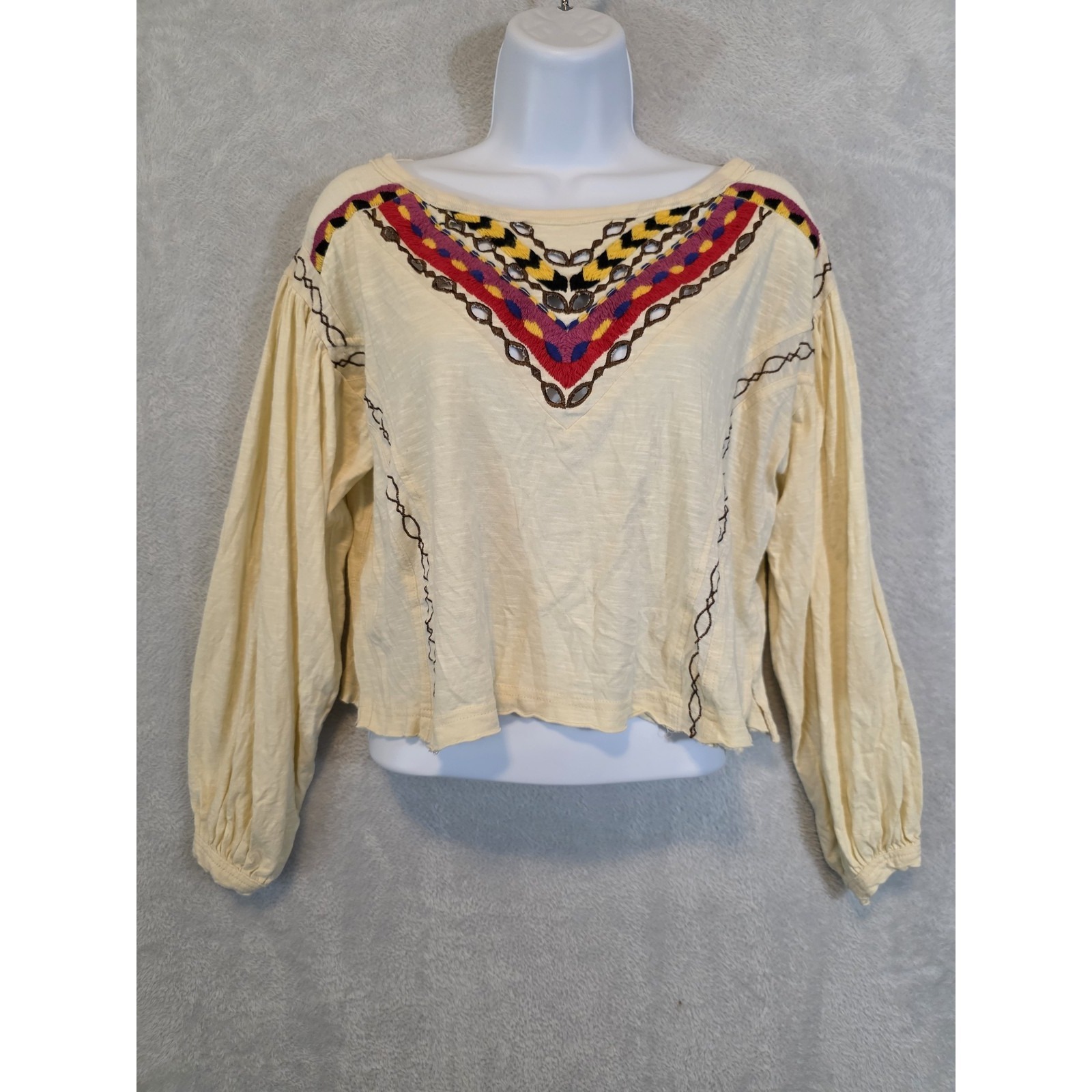 Guc Free People Blouse Womens Small White Embroidered Santa Fe Cropped Peasant